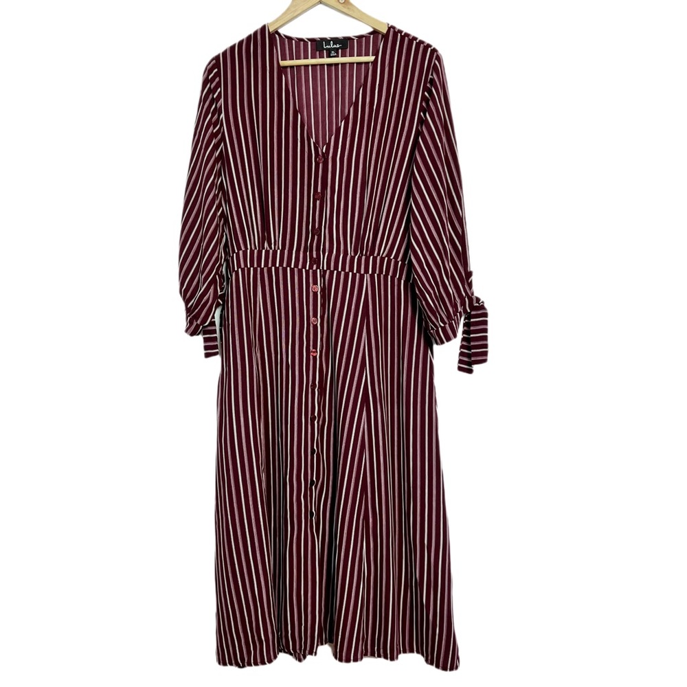 Lulu's Parisa Burgundy Striped Button-Front MIDI Dress Size XL